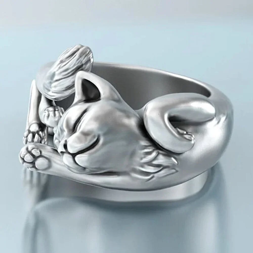 Kitty Cat Ring 925 Silver Plated Copper Totem Ring Adjustable New